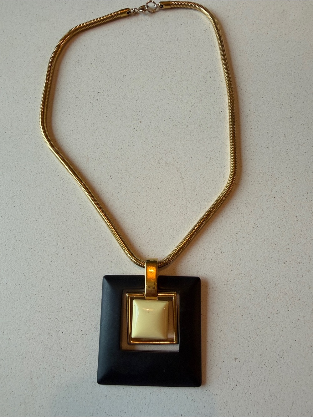 Vintage Modernist Crown Trifari Black and Gold Square Pendant Necklace
